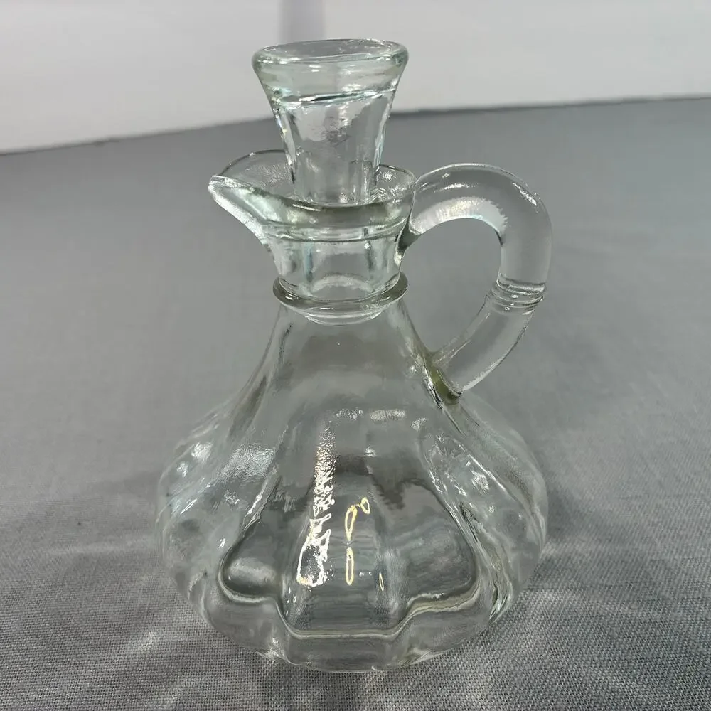 Vintage Clear Glass Cruet Decanter with Stopper Handle 6 Inch Oil Vinegar Bottle